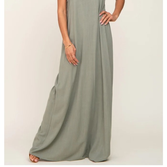 Light Olive Linen V-Neck Tie Strap Maternity Maxi Dress (PINKBLUSH) - Picture 2 of 8